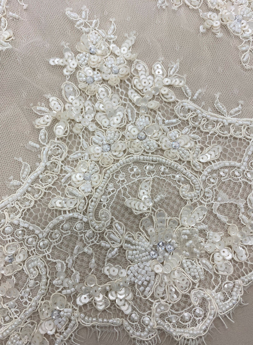 Beaded fine lace trim (1364bt) Ivory|Silks Weight|Silk World