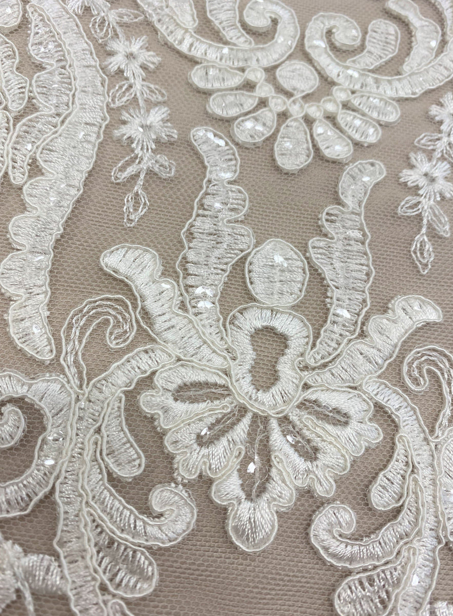 Embroidered Border Tulle (G5020) Ivory | Silk World