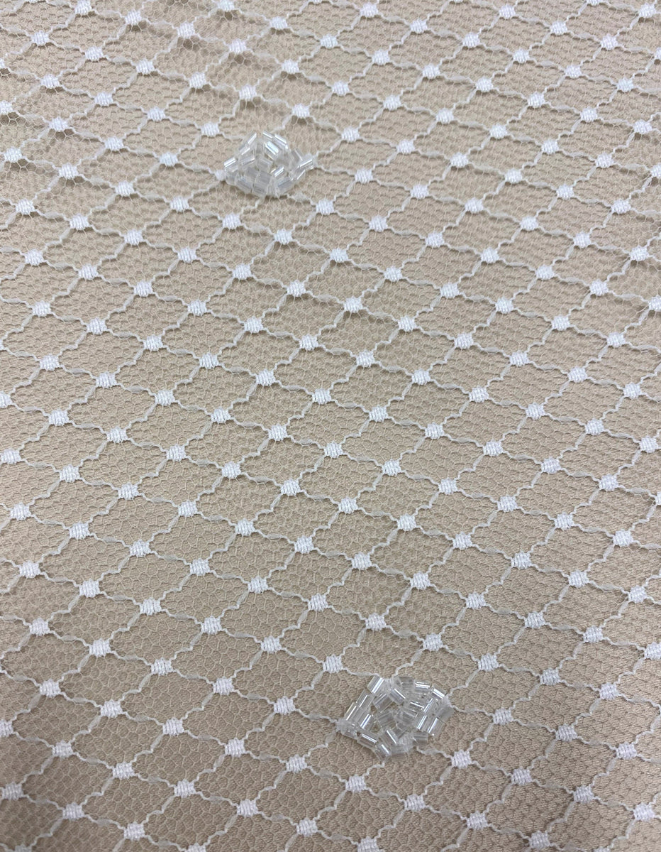 Beaded crosshatched Tulle (K25792) Ivory | Wholesale | Silk World